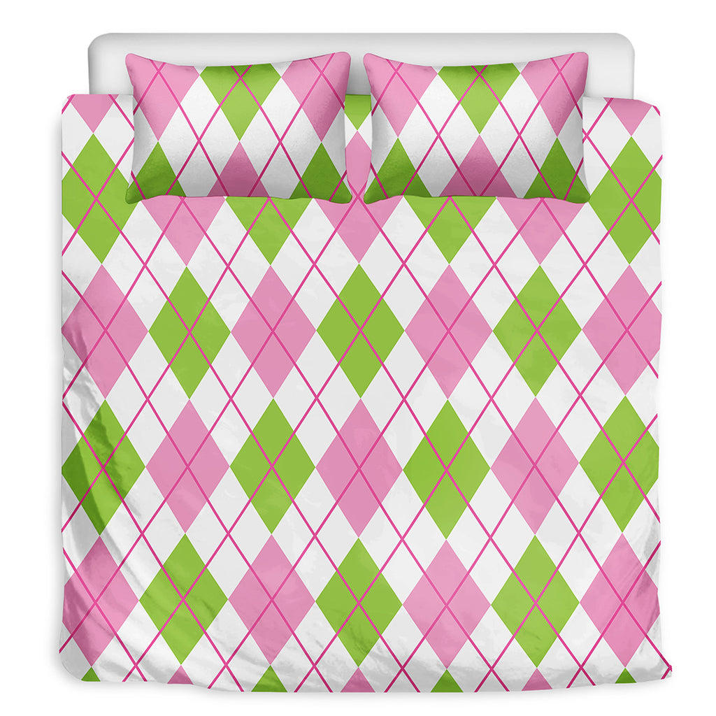Pink Green And White Argyle Print Duvet Cover Bedding Set