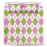 Pink Green And White Argyle Print Duvet Cover Bedding Set