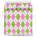 Pink Green And White Argyle Print Duvet Cover Bedding Set