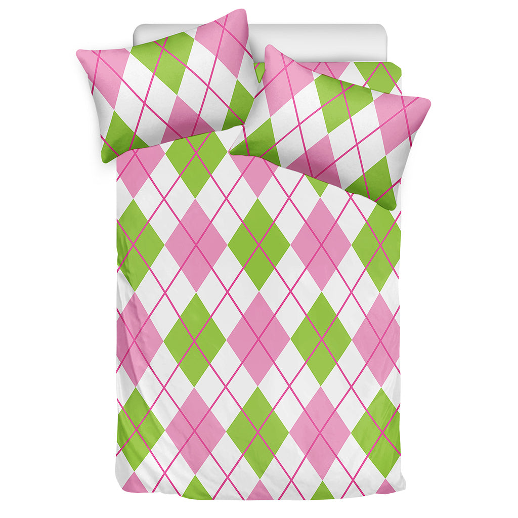 Pink Green And White Argyle Print Duvet Cover Bedding Set