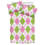 Pink Green And White Argyle Print Duvet Cover Bedding Set