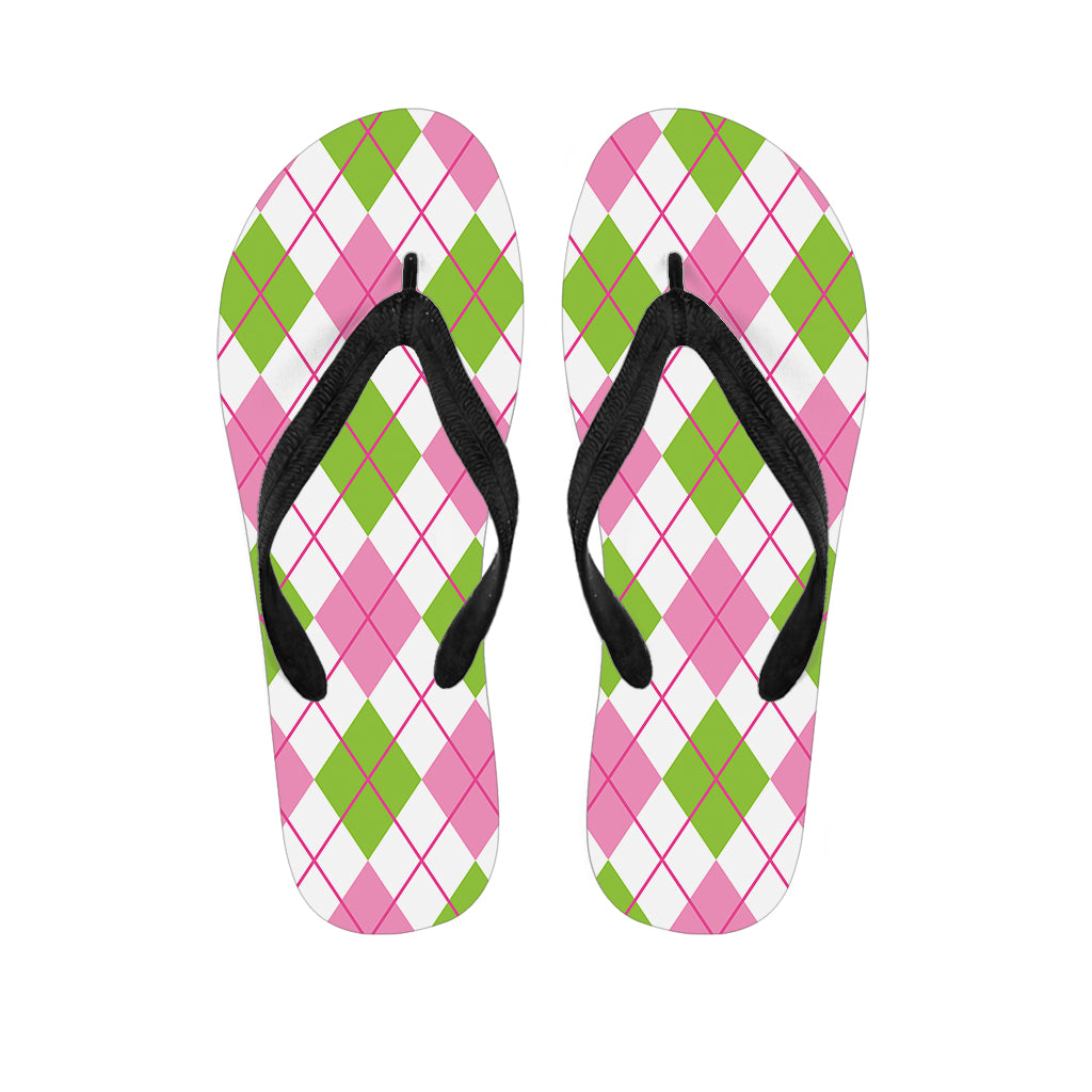 Pink Green And White Argyle Print Flip Flops