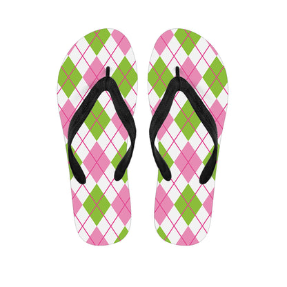 Pink Green And White Argyle Print Flip Flops