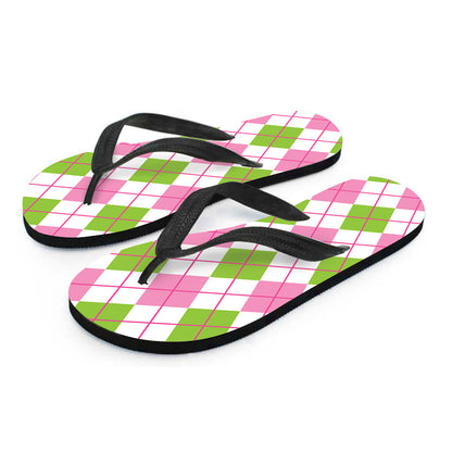 Pink Green And White Argyle Print Flip Flops