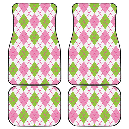 Pink Green And White Argyle Print Front and Back Car Floor Mats