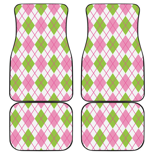 Pink Green And White Argyle Print Front and Back Car Floor Mats