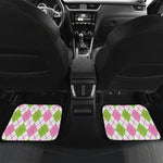 Pink Green And White Argyle Print Front and Back Car Floor Mats