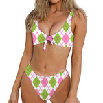 Pink Green And White Argyle Print Front Bow Tie Bikini
