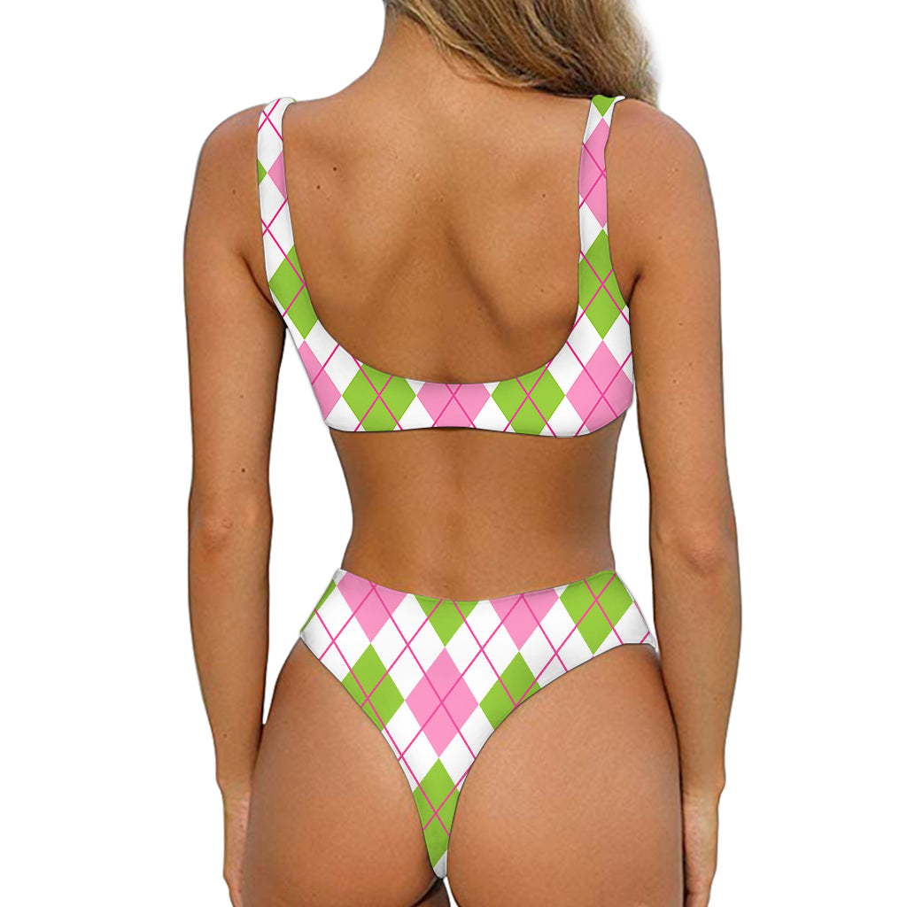 Pink Green And White Argyle Print Front Bow Tie Bikini