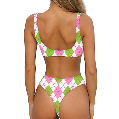 Pink Green And White Argyle Print Front Bow Tie Bikini