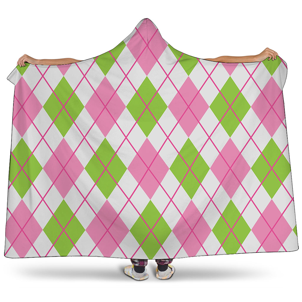 Pink Green And White Argyle Print Hooded Blanket
