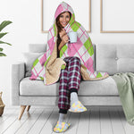 Pink Green And White Argyle Print Hooded Blanket