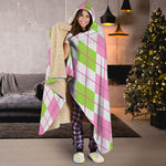 Pink Green And White Argyle Print Hooded Blanket