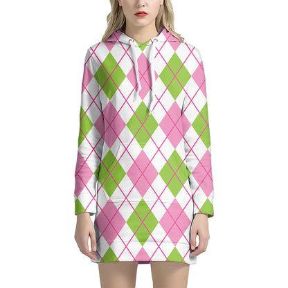 Pink Green And White Argyle Print Hoodie Dress