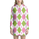 Pink Green And White Argyle Print Hoodie Dress