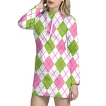 Pink Green And White Argyle Print Hoodie Dress