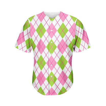 Pink Green And White Argyle Print Men's Baseball Jersey