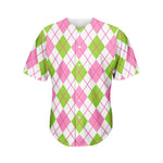 Pink Green And White Argyle Print Men's Baseball Jersey