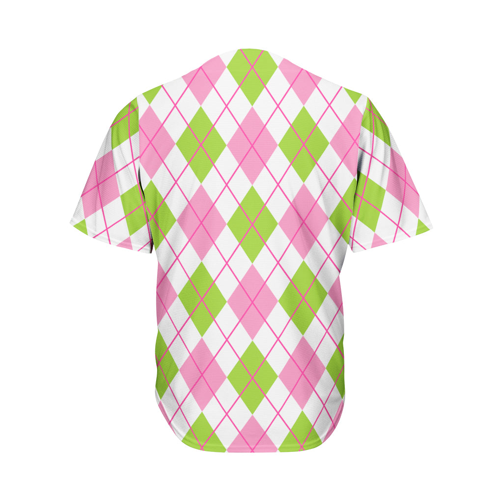 Pink Green And White Argyle Print Men's Baseball Jersey