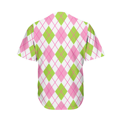 Pink Green And White Argyle Print Men's Baseball Jersey