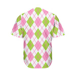 Pink Green And White Argyle Print Men's Baseball Jersey