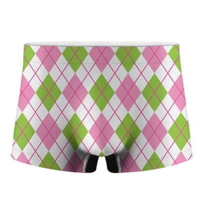 Pink Green And White Argyle Print Men's Boxer Briefs