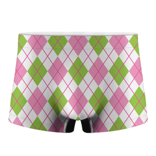 Pink Green And White Argyle Print Men's Boxer Briefs