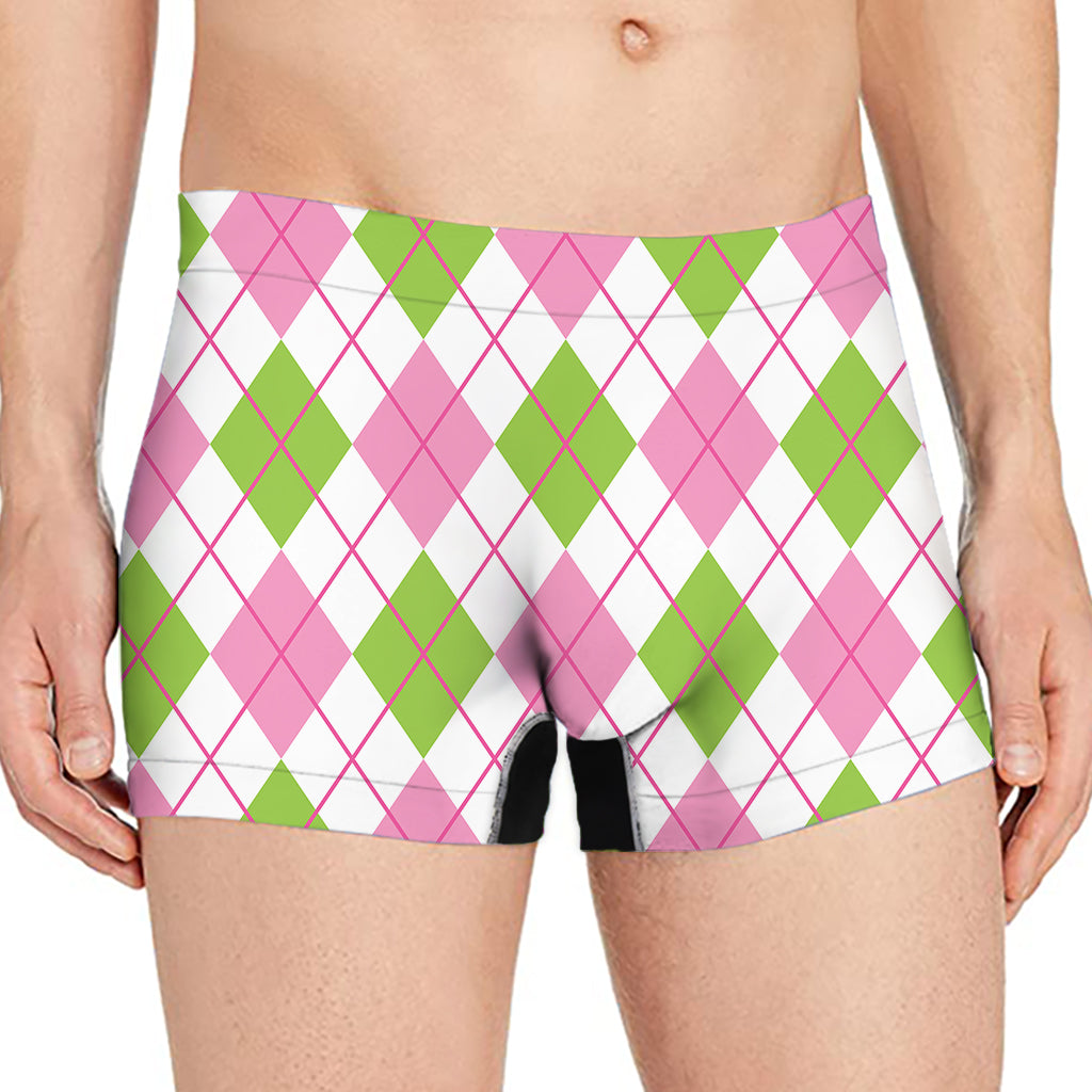 Pink Green And White Argyle Print Men's Boxer Briefs