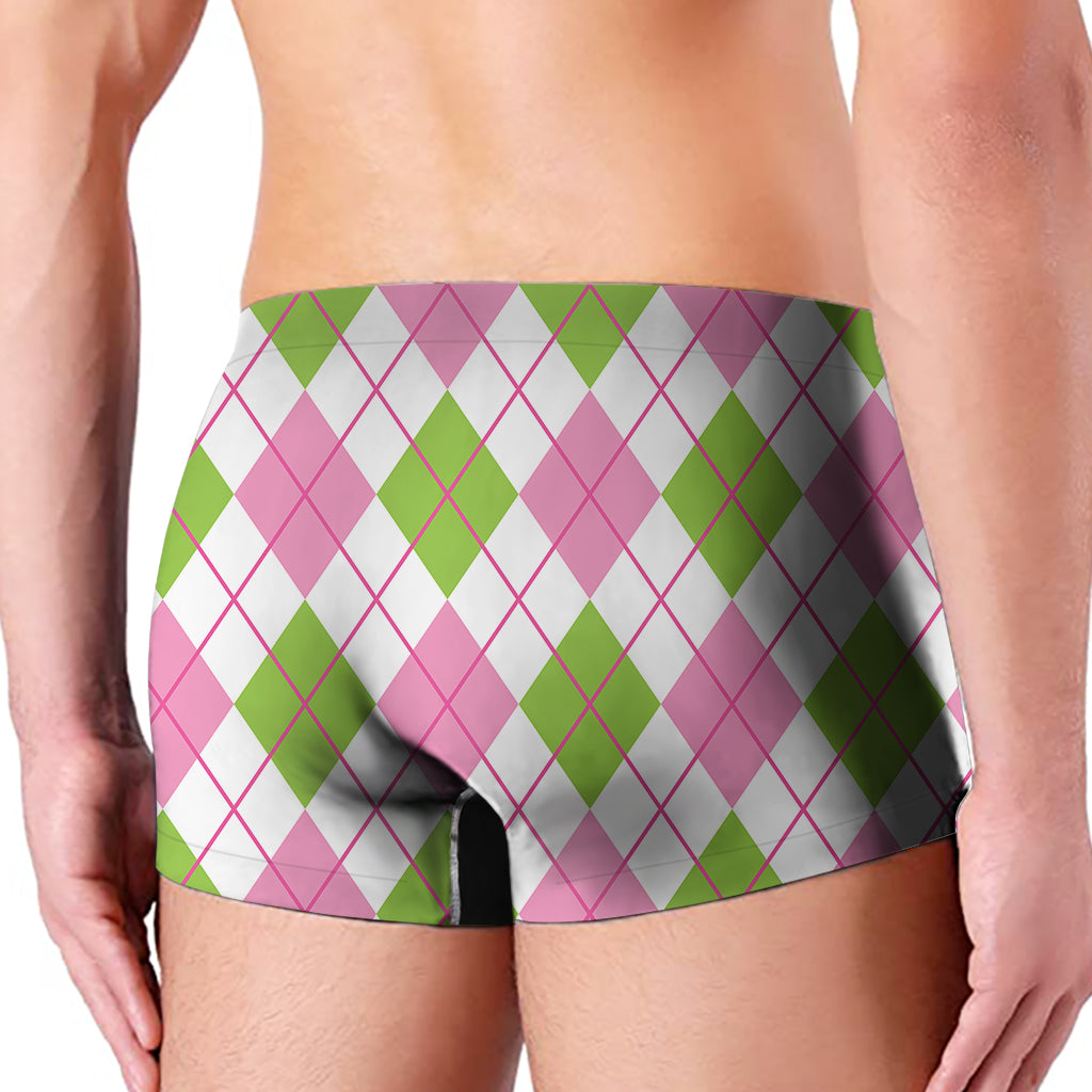 Pink Green And White Argyle Print Men's Boxer Briefs
