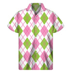 Pink Green And White Argyle Print Men's Short Sleeve Shirt
