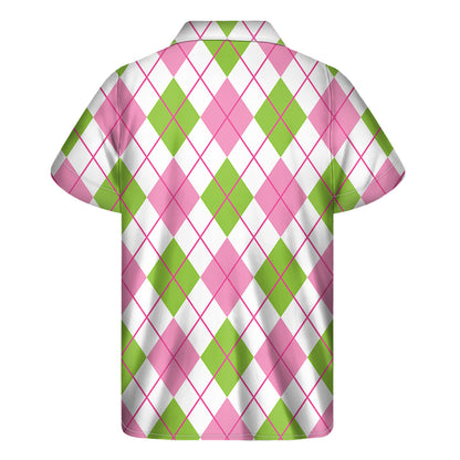 Pink Green And White Argyle Print Men's Short Sleeve Shirt