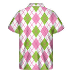 Pink Green And White Argyle Print Men's Short Sleeve Shirt
