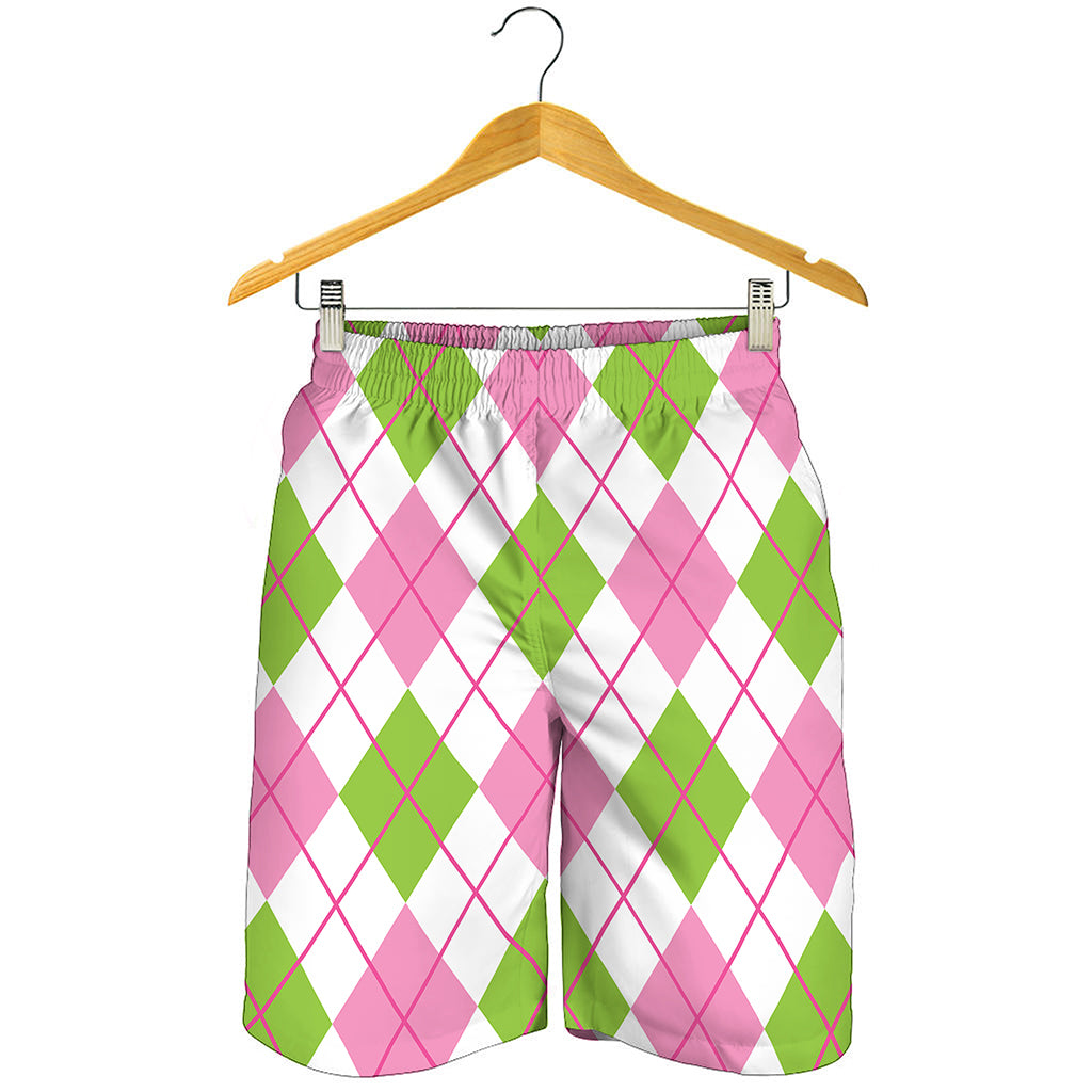 Pink Green And White Argyle Print Men's Shorts