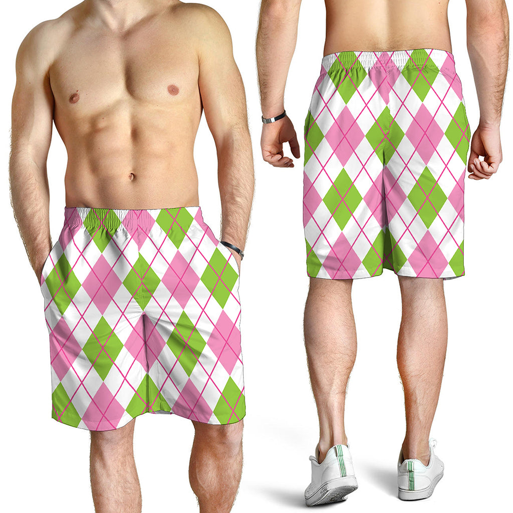 Pink Green And White Argyle Print Men's Shorts