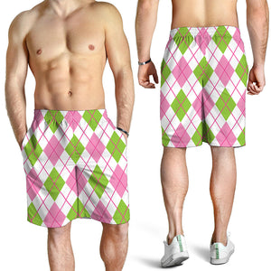 Pink Green And White Argyle Print Men's Shorts