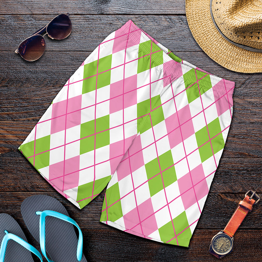 Pink Green And White Argyle Print Men's Shorts