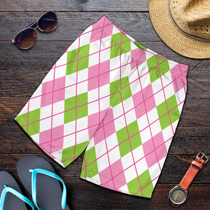 Pink Green And White Argyle Print Men's Shorts
