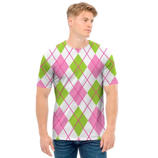 Pink Green And White Argyle Print Men's T-Shirt