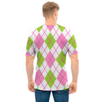 Pink Green And White Argyle Print Men's T-Shirt