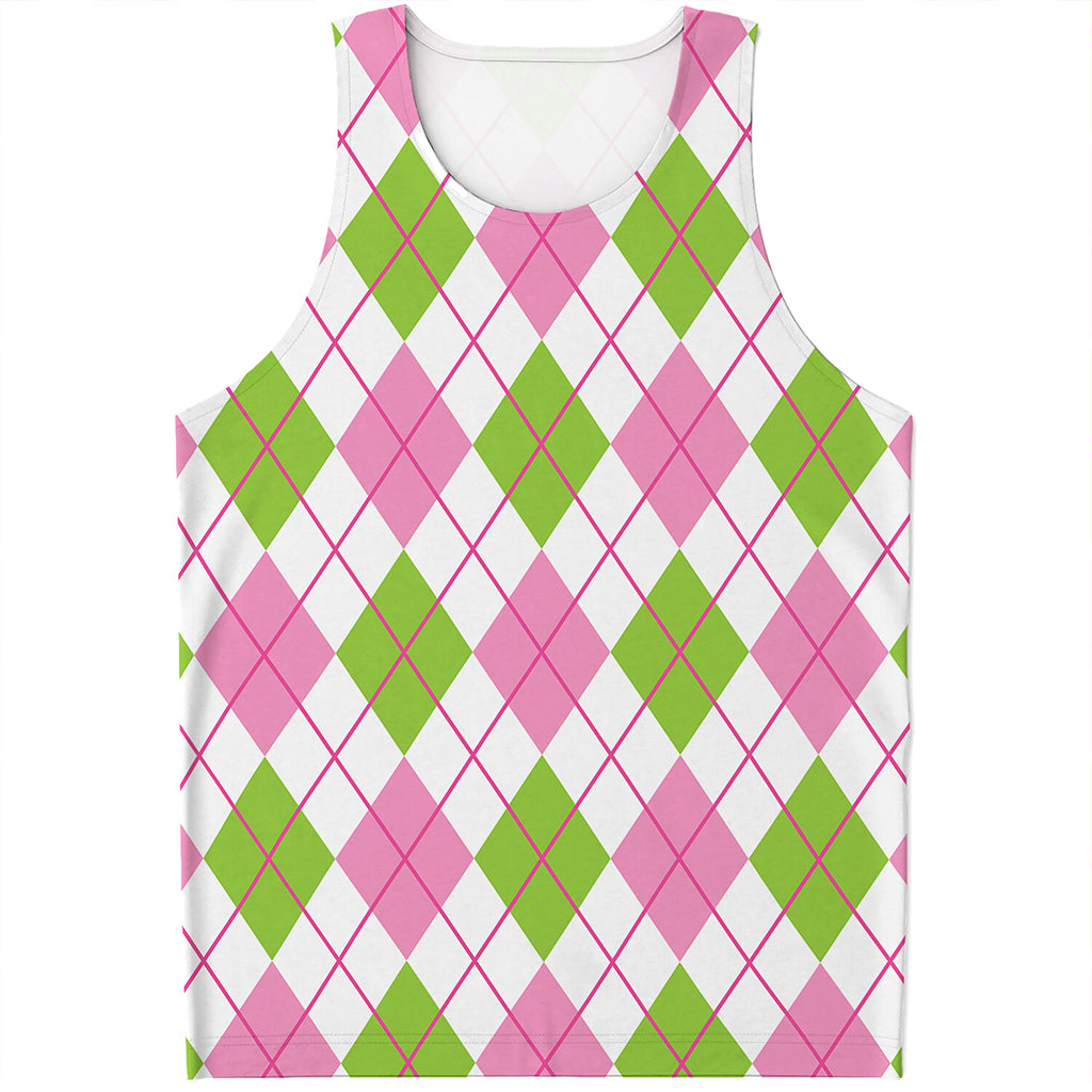 Pink Green And White Argyle Print Men's Tank Top