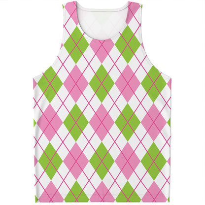 Pink Green And White Argyle Print Men's Tank Top