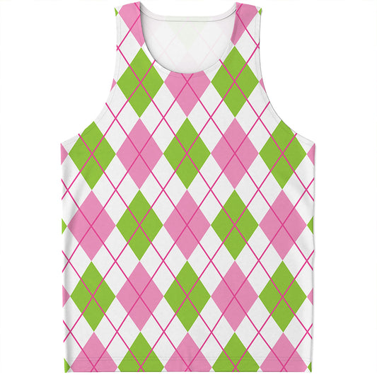 Pink Green And White Argyle Print Men's Tank Top