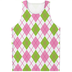 Pink Green And White Argyle Print Men's Tank Top