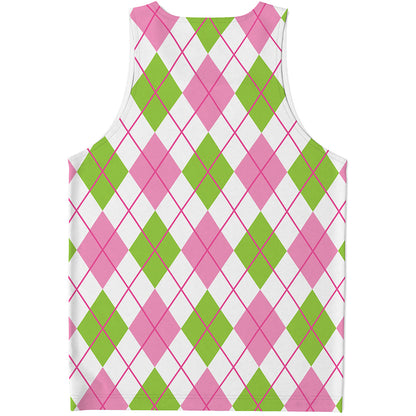 Pink Green And White Argyle Print Men's Tank Top