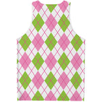 Pink Green And White Argyle Print Men's Tank Top