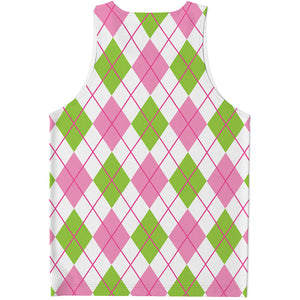 Pink Green And White Argyle Print Men's Tank Top