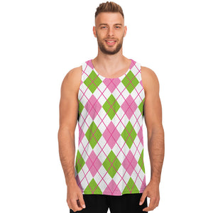 Pink Green And White Argyle Print Men's Tank Top