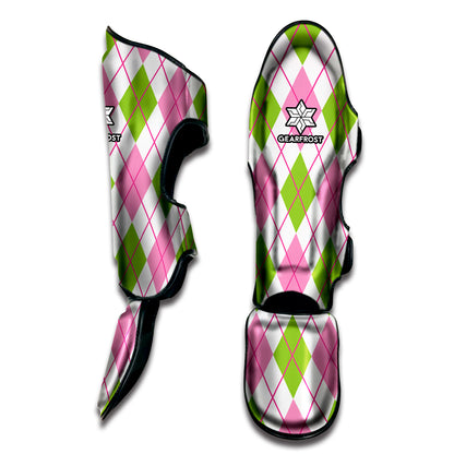 Pink Green And White Argyle Print Muay Thai Shin Guard