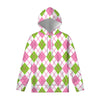 Pink Green And White Argyle Print Pullover Hoodie
