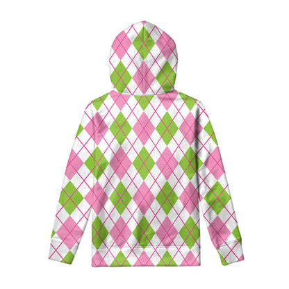 Pink Green And White Argyle Print Pullover Hoodie